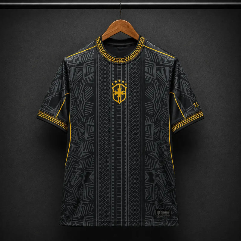 Camisola Brasil 2026 Edição Especial Preta Arte Indígena Correntes Douradas CBF Nike 5 Estrelas Edição Jogador