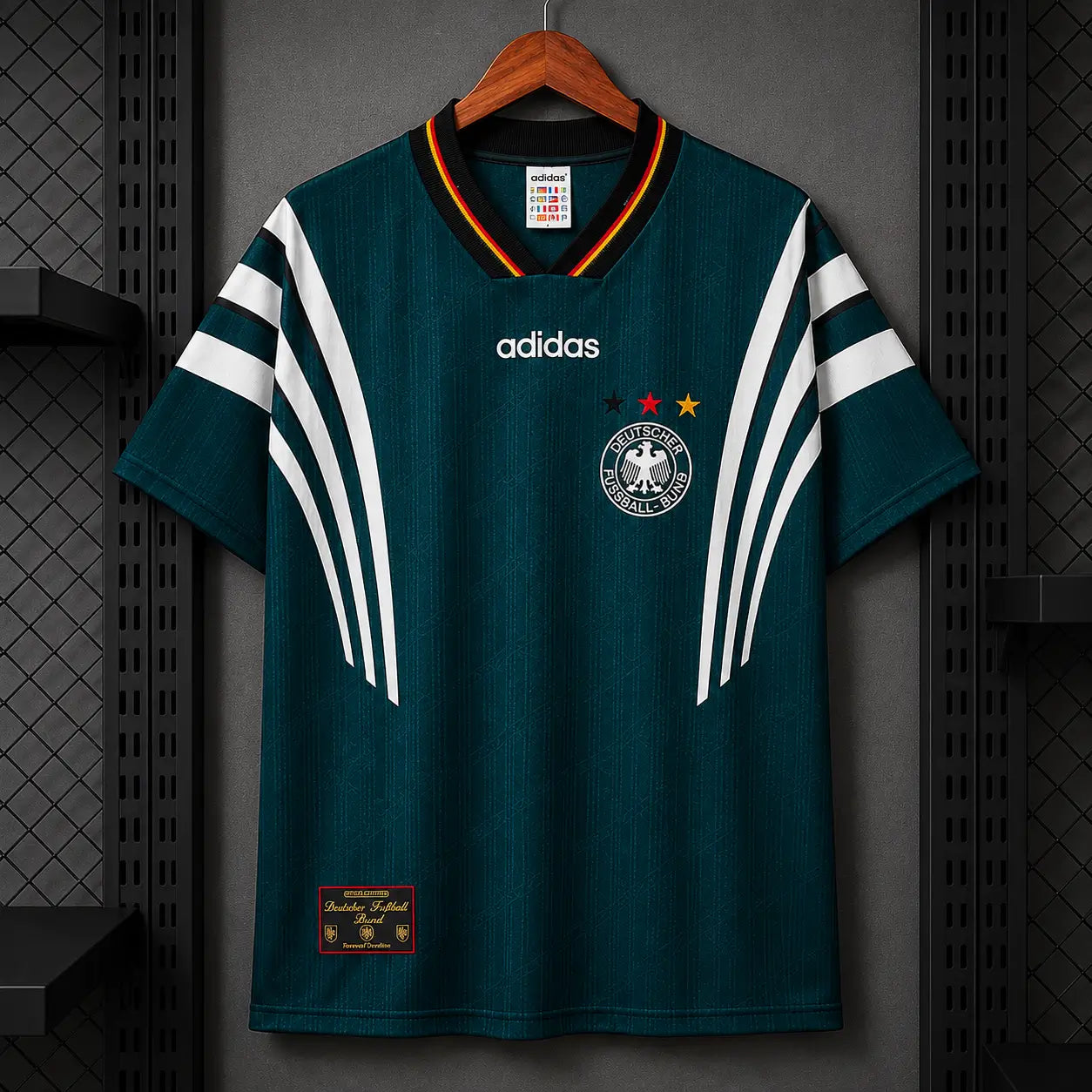 Maillot Allemagne 1996 Rétro Alternatif Vert Pétrole Panneaux Blancs DFB Adidas Édition Classique Euro 96