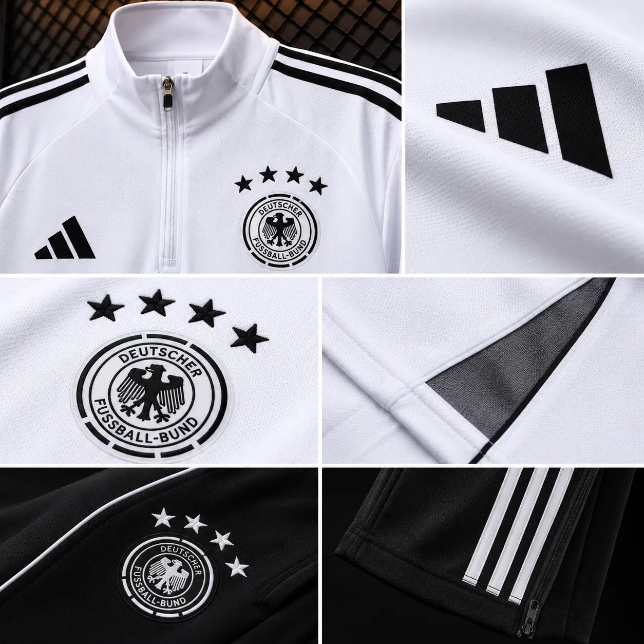 Ensemble d'entraînement Allemagne 25-26 mi-zip blanc noir DFB Adidas AEROREADY 4 étoiles Édition officielle