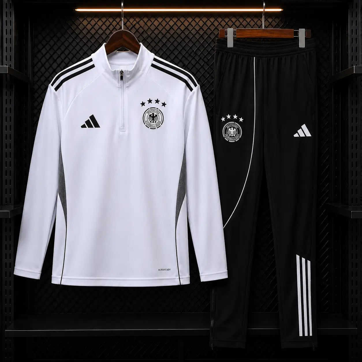 Ensemble d'entraînement Allemagne 25-26 mi-zip blanc noir DFB Adidas AEROREADY 4 étoiles Édition officielle
