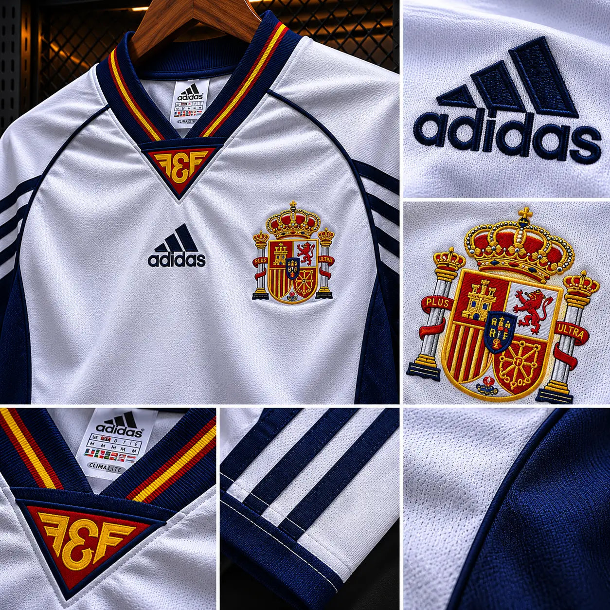 Camisola Espanha 1998-99 Retro Alternativa Branca Mangas Azul Marinho FEF Adidas Climalite Edição Clássica Copa Mundo 98