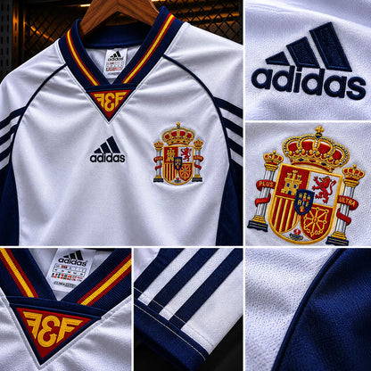 Camisola Espanha 1998-99 Retro Alternativa Branca Mangas Azul Marinho FEF Adidas Climalite Edição Clássica Copa Mundo 98