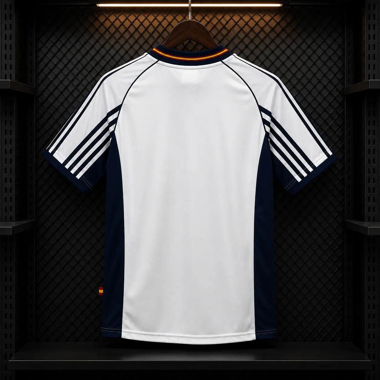 Camisola Espanha 1998-99 Retro Alternativa Branca Mangas Azul Marinho FEF Adidas Climalite Edição Clássica Copa Mundo 98