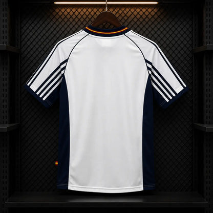 Camisola Espanha 1998-99 Retro Alternativa Branca Mangas Azul Marinho FEF Adidas Climalite Edição Clássica Copa Mundo 98