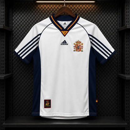Camisola Espanha 1998-99 Retro Alternativa Branca Mangas Azul Marinho FEF Adidas Climalite Edição Clássica Copa Mundo 98
