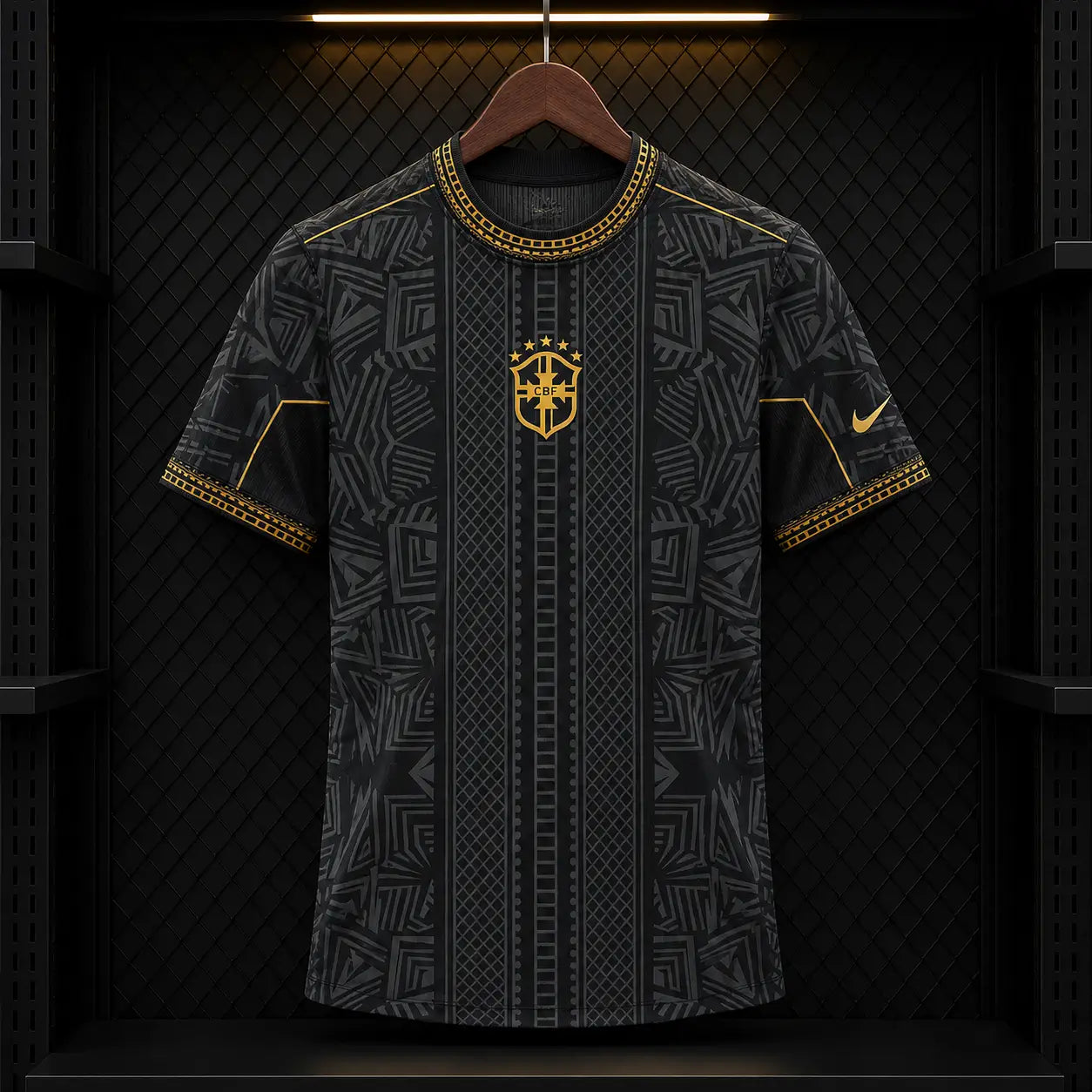 Camisola Brasil 2026 Edição Especial Preta Arte Indígena Correntes Douradas CBF Nike 5 Estrelas Edição Jogador