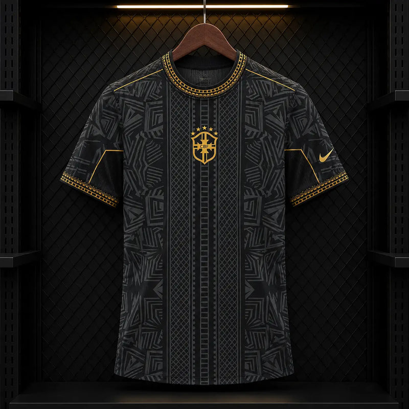 Camisola Brasil 2026 Edição Especial Preta Arte Indígena Correntes Douradas CBF Nike 5 Estrelas Edição Jogador