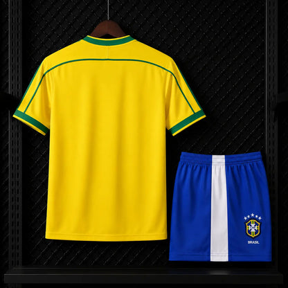 Ensemble Enfant Brésil 1998 Rétro Domicile Jaune Vert CBF Nike Maillot Short Bleu Roi Édition Classique Coupe du Monde 98
