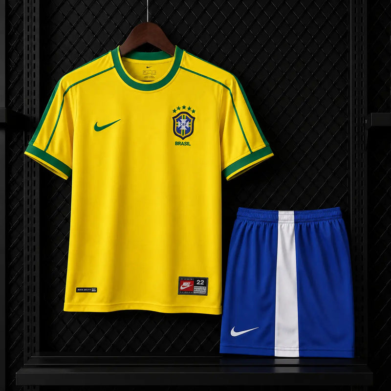 Conjunto Infantil Brasil 1998 Retro Principal Amarelo Verde CBF Nike Camisola Calções Azul Royal Edição Clássica Copa Mundo 98