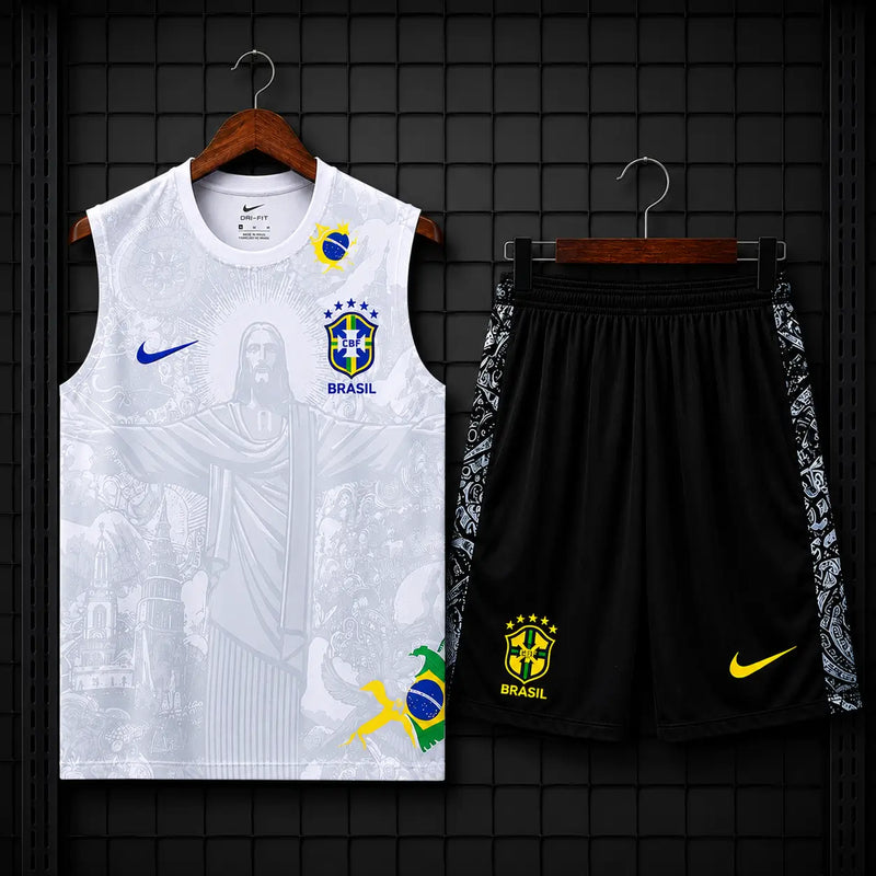Conjunto Treino Brasil 25-26 Regata Branca Cristo Redentor Relevo Calções Pretos Paisley CBF Nike DRI-FIT Edição Especial