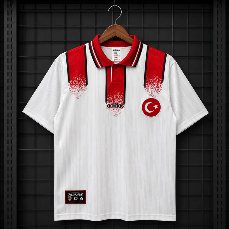Camisola Turquia 1996 Retro Alternativa Branca Painéis Vermelhos Pretos Degrâde Pixels Lua Crescente Adidas Edição Clássica