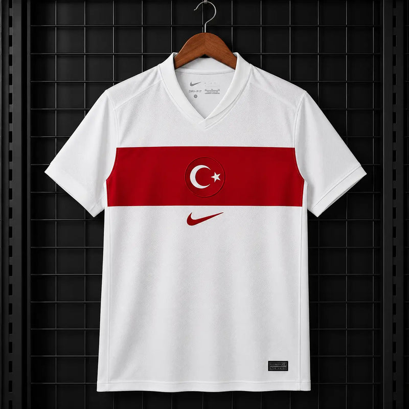 Camisola Turquia 2024 Alternativa Branca Faixa Vermelha Horizontal Lua Crescente Nike DRI-FIT Euro 2024 Edição Adepto
