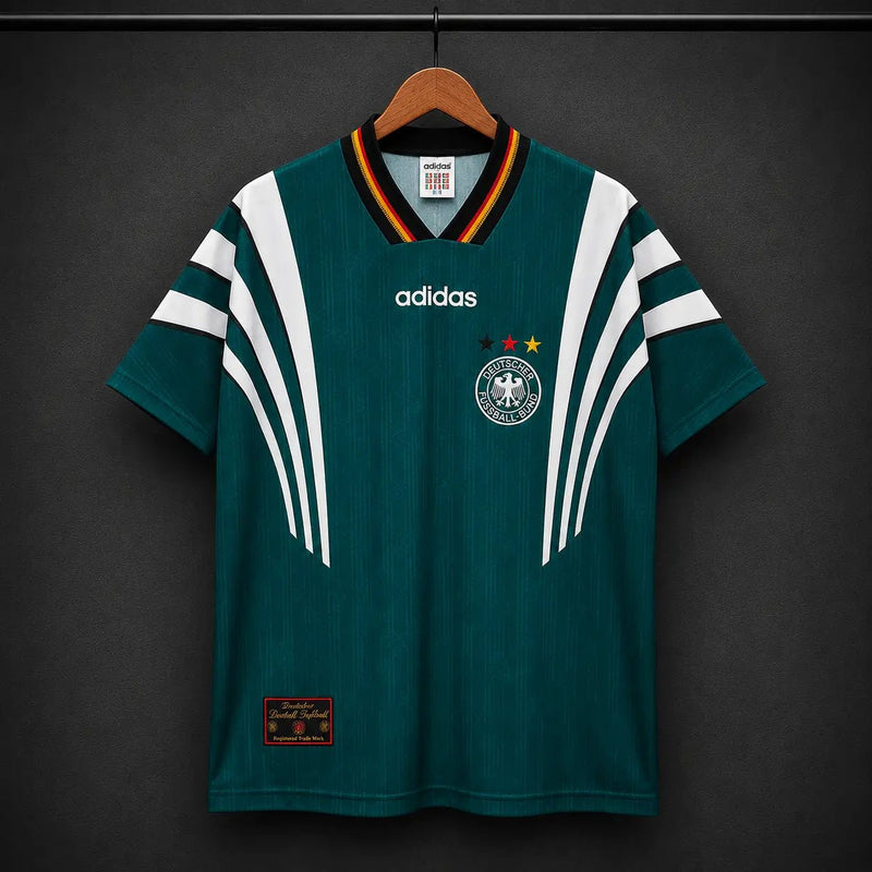 Camisola Alemanha 1996 Retro Alternativa Verde Petróleo Painéis Brancos DFB Adidas Edição Clássica Euro 96