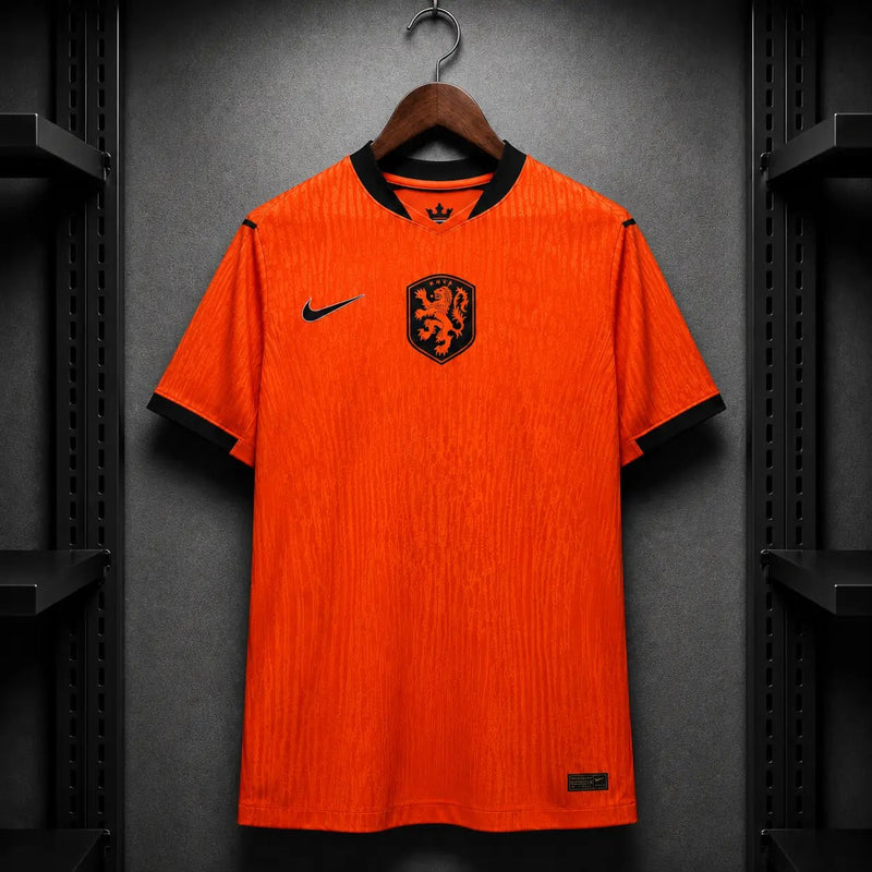 Camisola Holanda 2026 Principal Laranja Jacquard Pinceladas Gola V Preta KNVB Nike Dri - FIT Edição Jogador S Camisola comprar online