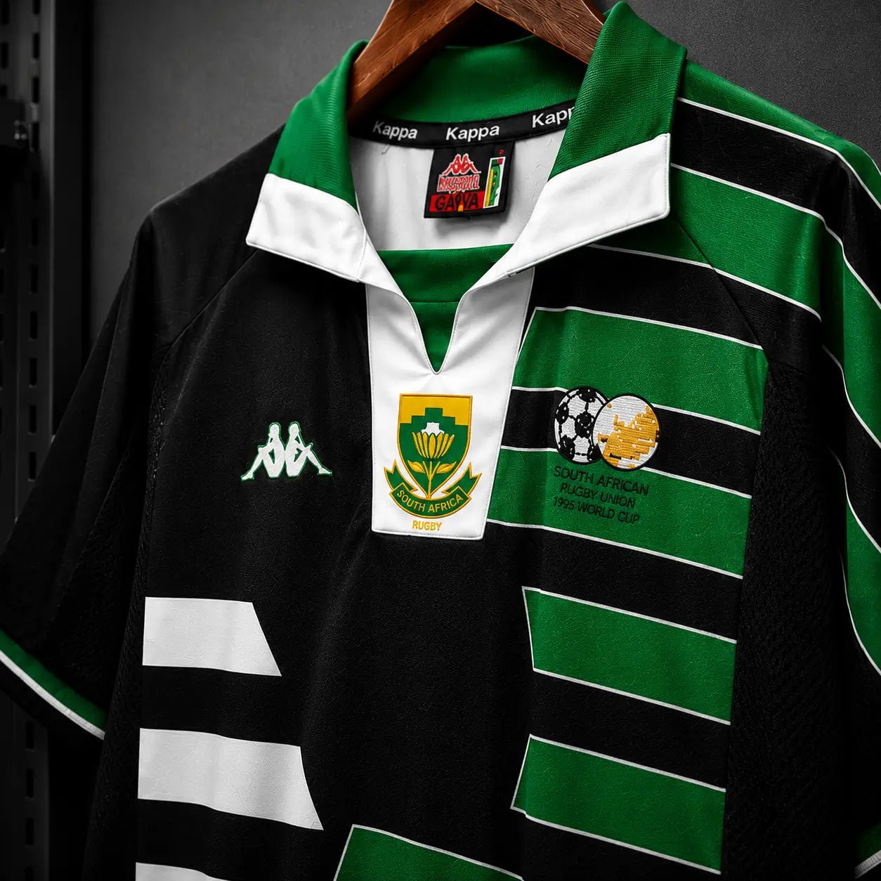 Camisola Rugby África do Sul 1995 Retro Alternativa Preta Riscas Verdes Brancas Kappa Springboks Copa Mundo S Camisola de Rugby comprar online