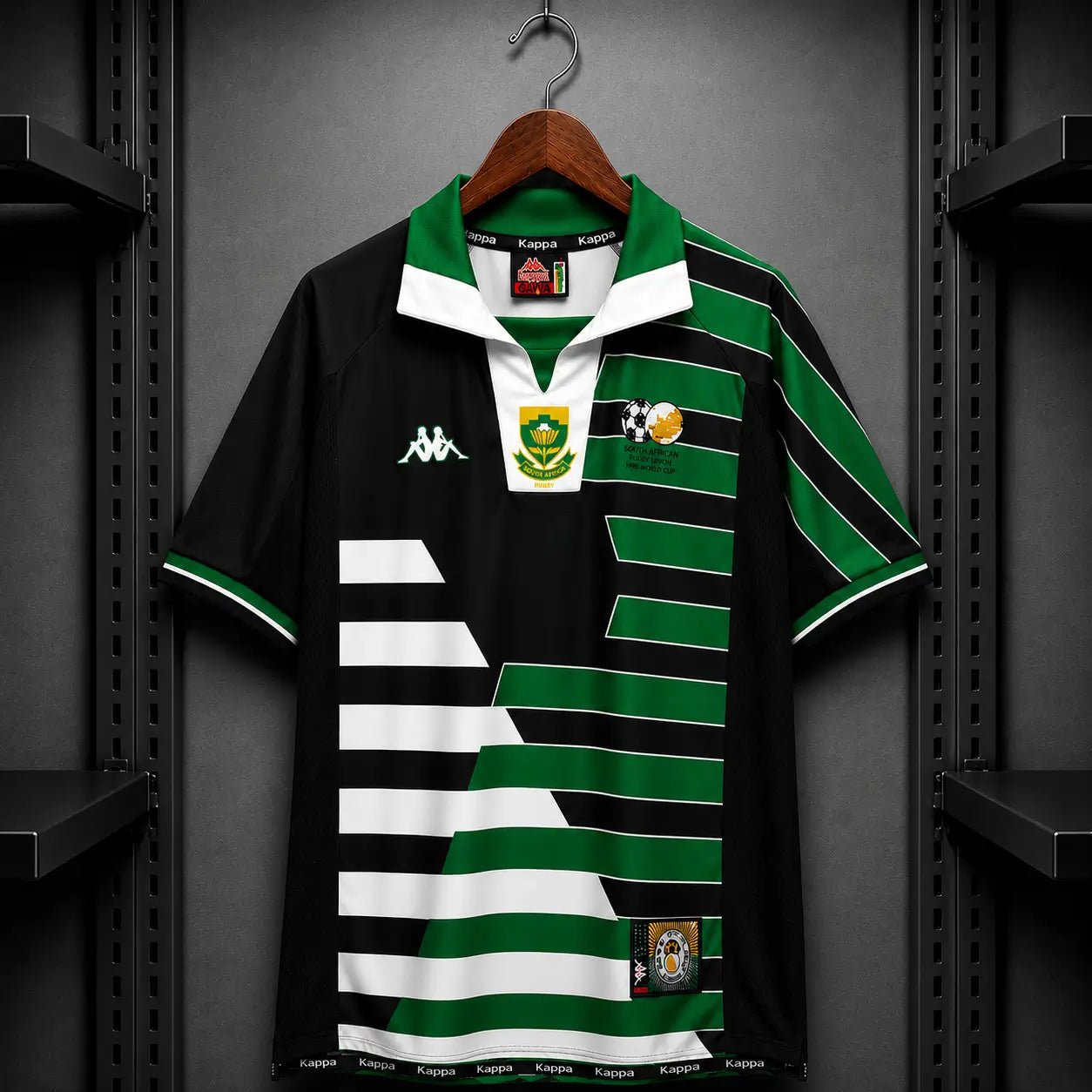 Camisola Rugby África do Sul 1995 Retro Alternativa Preta Riscas Verdes Brancas Kappa Springboks Copa Mundo S Camisola de Rugby comprar online