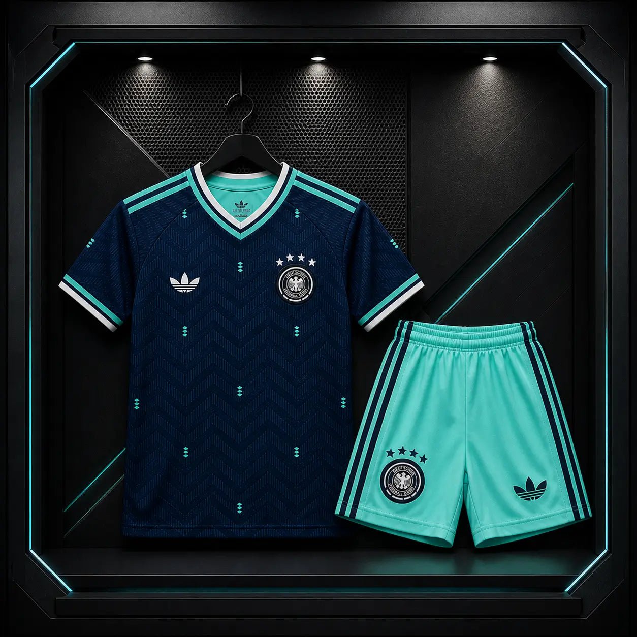 Kit Completo Infantil Alemanha 2026 Alternativa Azul Marinho Chevron (Camisola + Calções) 16 Camisola Infantil comprar online